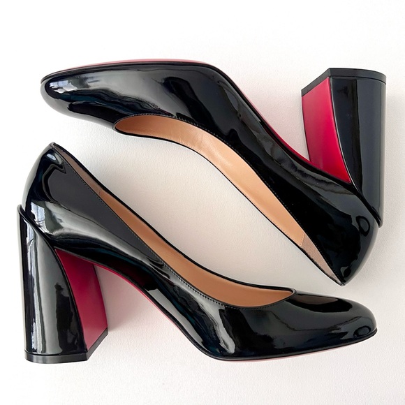 CHRISTIAN LOUBOUTIN | Miss Sab Black Patent Leather Block Heel Pumps 37.5 US 7.5 - Picture 3 of 16